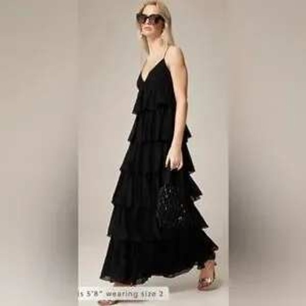 J.Crew Collection Women Boho Grunge Goth Ruffle-Tier Maxi Dress Black Chiffon 2